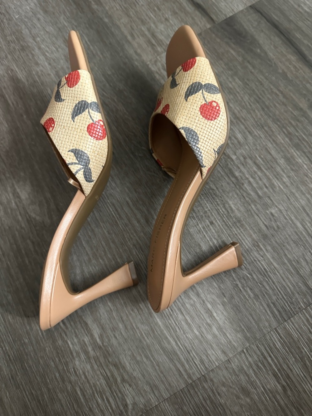 Marc Fisher Peach Slide Heels with Cherry Print - Picture 6 of 8